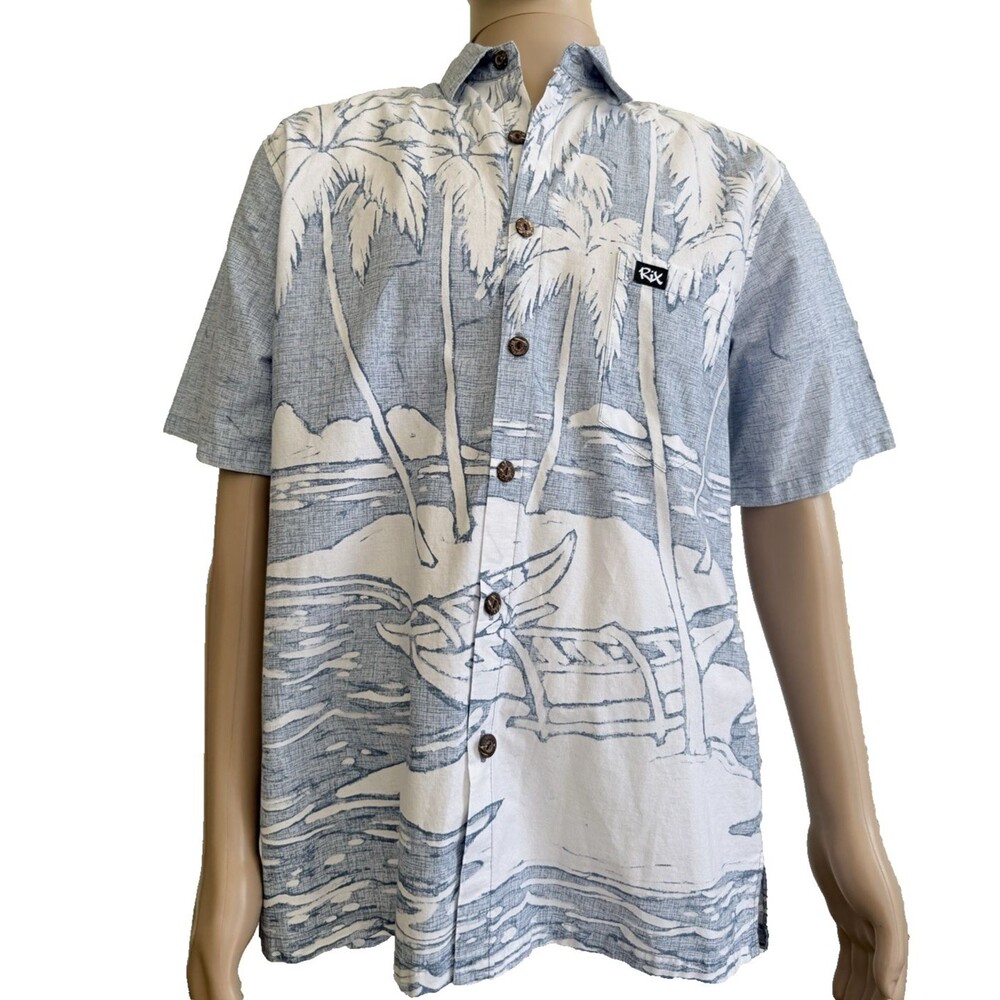 RIX Aloha Shirt Blue Hawaiian Landscape Print Short Sleeve 100% Cotton Size L